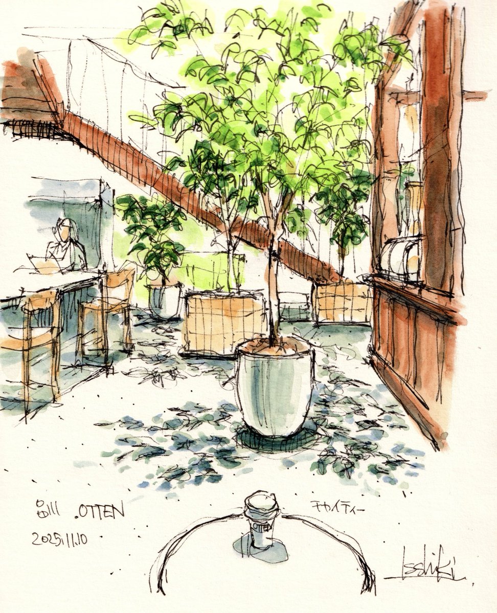 ペン水彩画カフェスケッチ 「品川駅港南口・カフェエッテン」F0