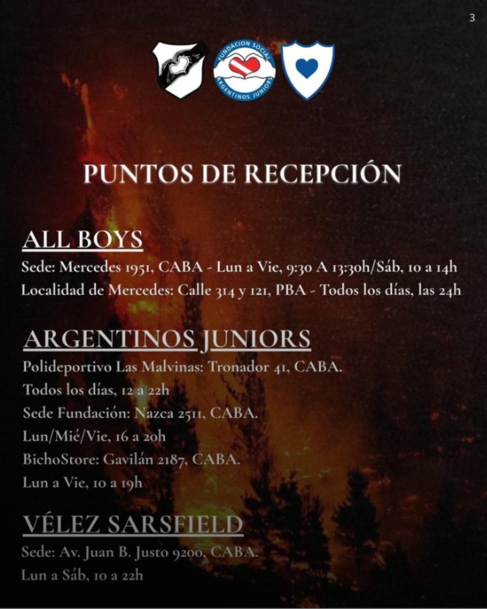 VÉLEZ, ARGENTINOS Y ALL BOYS UNIDOS POR LA PATAGONIA 👏🏽🇦🇷

🤝🏽 Los tres clubes del fútbol argentino lanzaron una acción conjunta en apoyo a las familias afectadas por los incendios en el sur argentino

🧯👕 La colecta apunta a recolectar donaciones de: tanques de agua, mangueras,