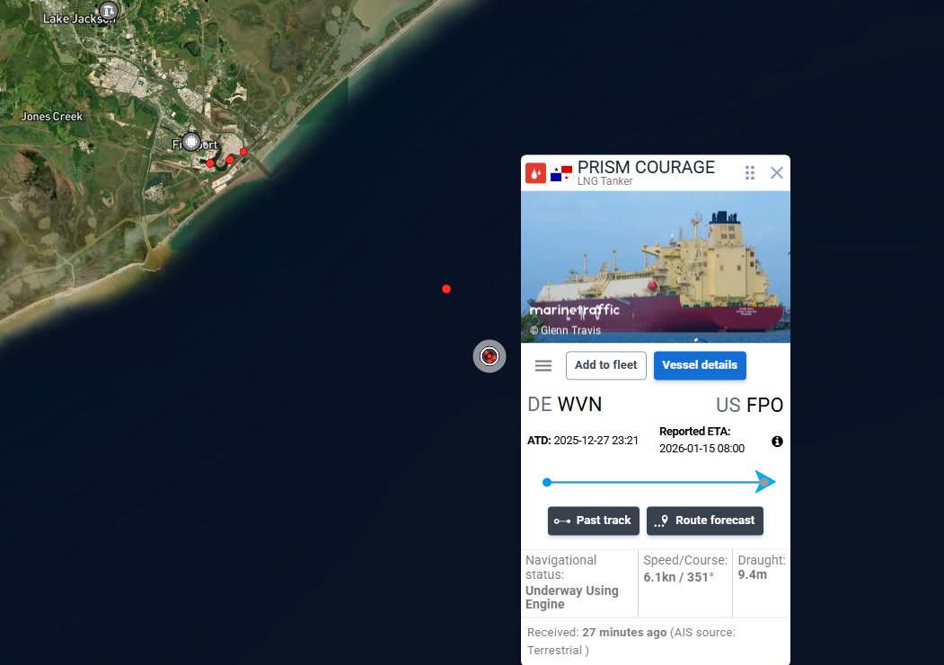 Cyberock6's tweet photo. LNG tanker PRISM COURAGE inbound to Freeport LNG (US FPO) per AIS.
Indicates Freeport LNG is operational / expecting loadings
#NatGas #LNG #naturalgas https://t.co/l0ZGmRp3Cp