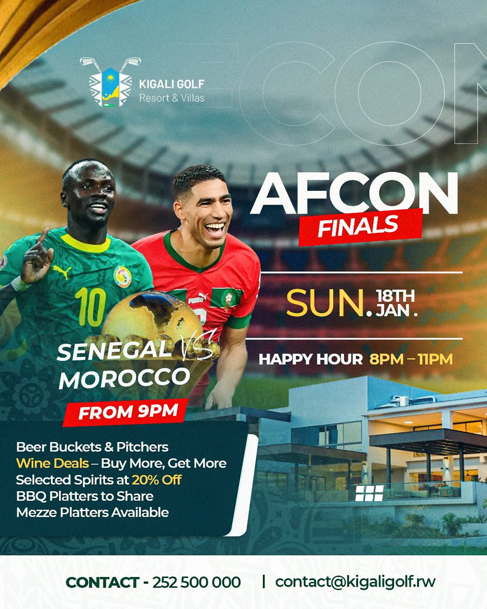 golf_kigali's tweet photo. Experience the AFCON Final at Kigali Golf Resort &amp; Villas ⚽✨⛳️
Join us for a live screening and enjoy an elevated match-night atmosphere with great company, exclusive food &amp; beverage specials, and fine flavors as the action unfolds.

#AFCON #AFCON2026 https://t.co/S89LgB1Yv9