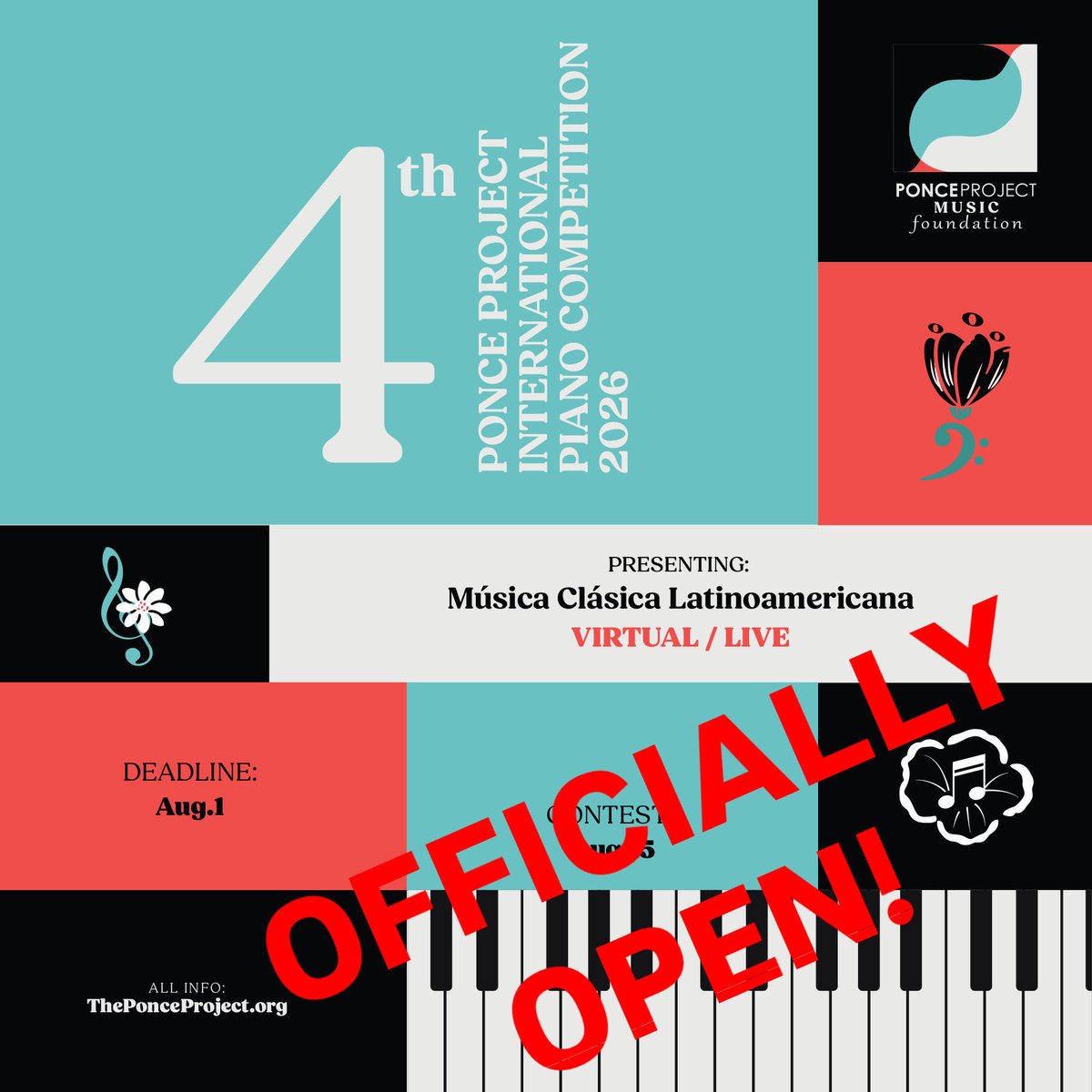 The 4th Ponce Project International Piano Competition is officially OPEN.

We invite all pianists ages 6-35 to participate in the only competition in the world dedicated exclusively to the Latinoamerican piano repertoire.

Cash prizes / Orchestra Performance in Mexico / Solo