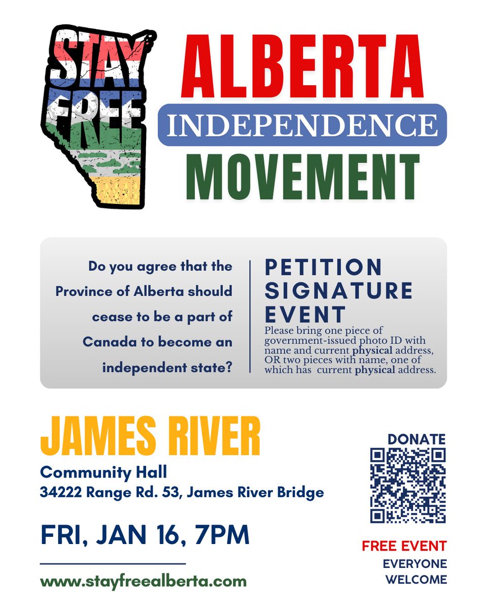 SIGN THE PETITION IN PERSON!

Friday, January 16, 2026

12:00 PM - 08:00 PM
Viking Rental Centre
#204 Community Way, Okotoks, AB

Loneridge Community Hall
02:00 PM Signatures
07:00 PM Speakers
Corner of Hwy 13 and RR 263
maps.app.goo.gl/xcCiswWWVjVBGE…

05:00 PM - 09:00 PM Signatures