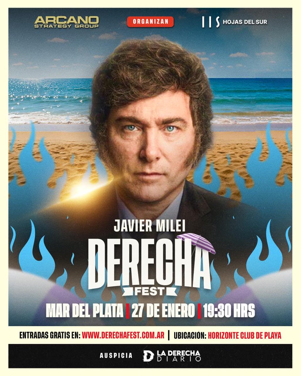 CONFIRMADO!

El mejor Presidente de la historia <a href="/JMilei/">Javier Milei</a> dice presente en el Derecha Fest por segunda vez.

📍 Mar del Plata
🗓️ 27 de enero
🕤 19:30 hs
🎟️ Inscripción gratuita en: derechafest.com.ar

Organizan: <a href="/hojasdelsur/">Hojas del Sur</a>  y <a href="/ArcanoASG/">Arcano Strategy Group</a> 
Auspicia: <a href="/laderechadiario/">La Derecha Diario</a>