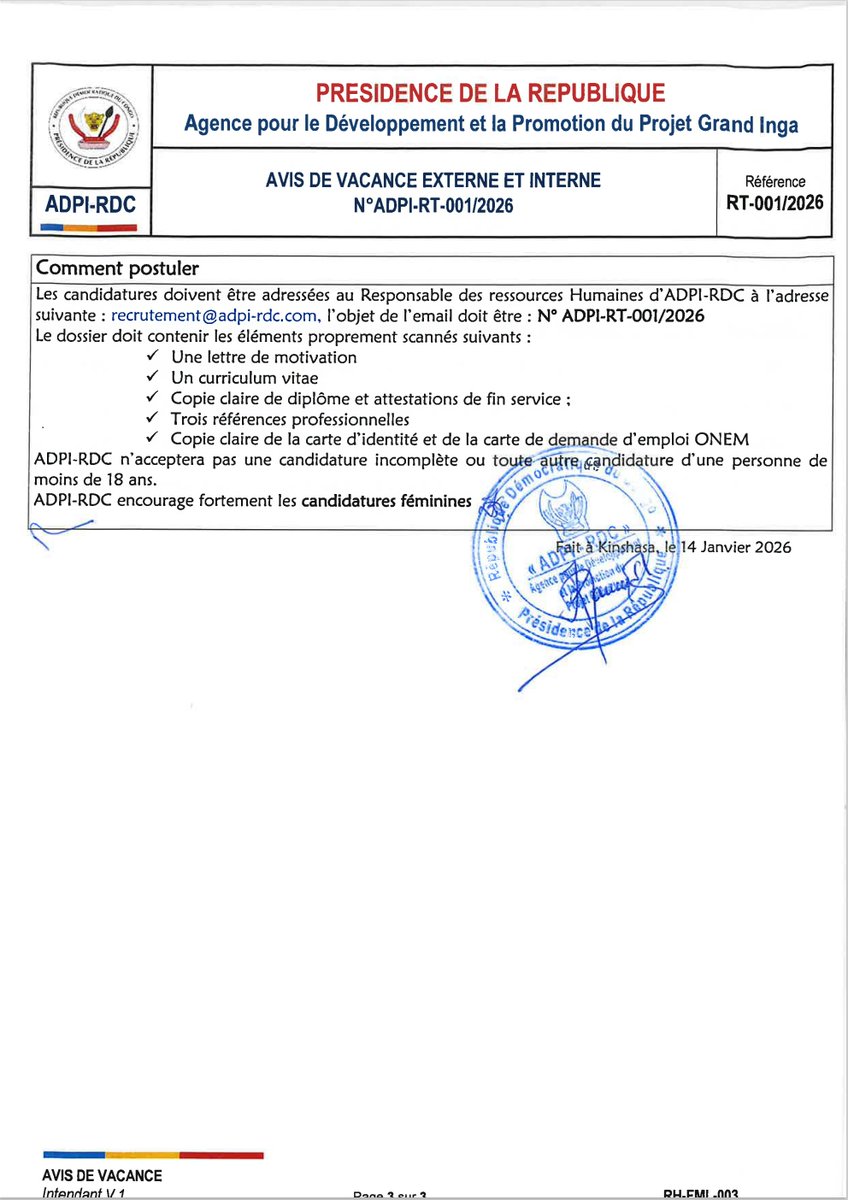 AdpiRdc1's tweet photo. Offre d'emploi : https://t.co/fvsBHYOdOH