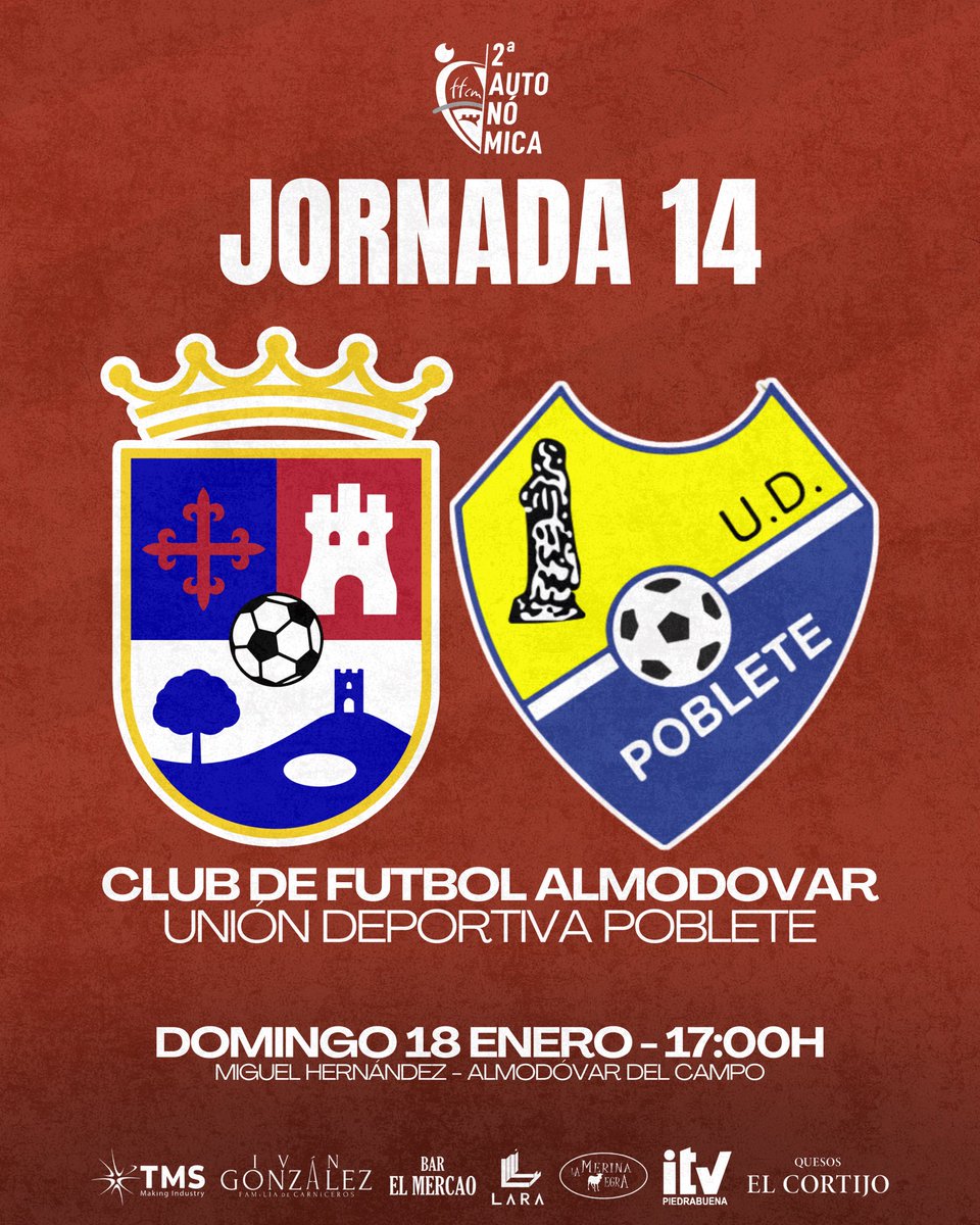 🏃𝐅𝐈𝐋𝐈𝐀𝐋

🏆 Jornada 14
🆚 UD Poblete
🗓️ 18 Enero
⏰ 17:00H
🏟️ Miguel Hernández
🏠 Almodóvar del Campo

🪪 Socios: Gratis

🎟️ Entradas

👨🏻 Adulto - 5€
🧒🏻 Menores de 18 años - 3€