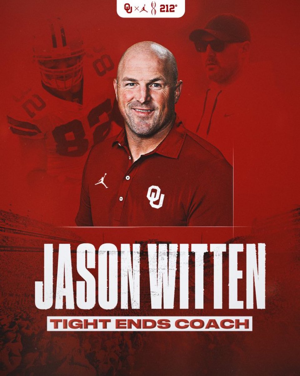 AdamSchefter's tweet image. Former Cowboys standout Jason Witten officially named Oklahoma’s tight ends coach.