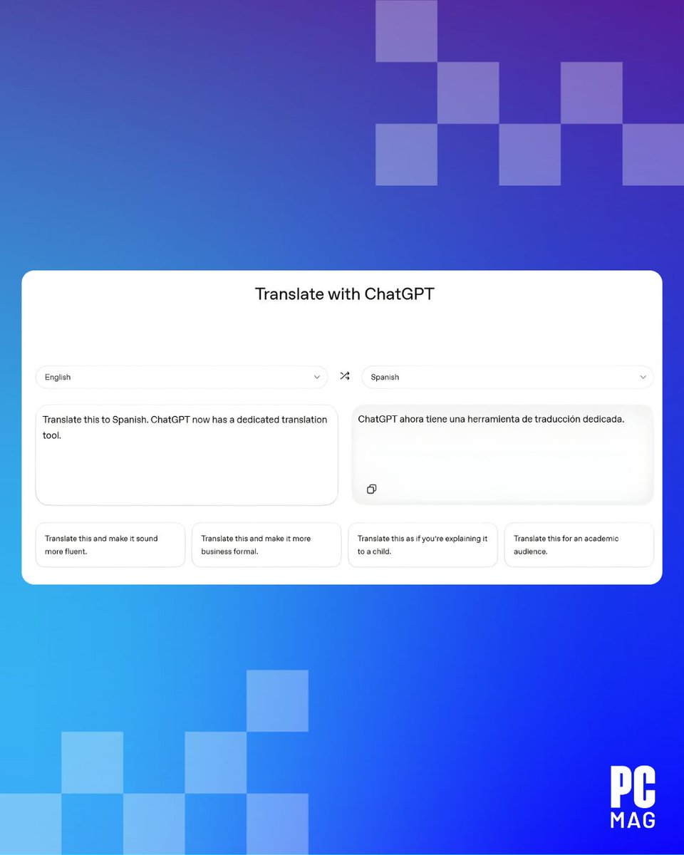 PCMag's tweet image. #ChatGPT has been able to translate text for years, but #OpenAI has now released a dedicated tool to compete with #GoogleTranslate on web.

The company didn't formally announce it yet, but it's live at . 

Read more on PCMag 🔗 pcmag.com/news/chatgpt-t…