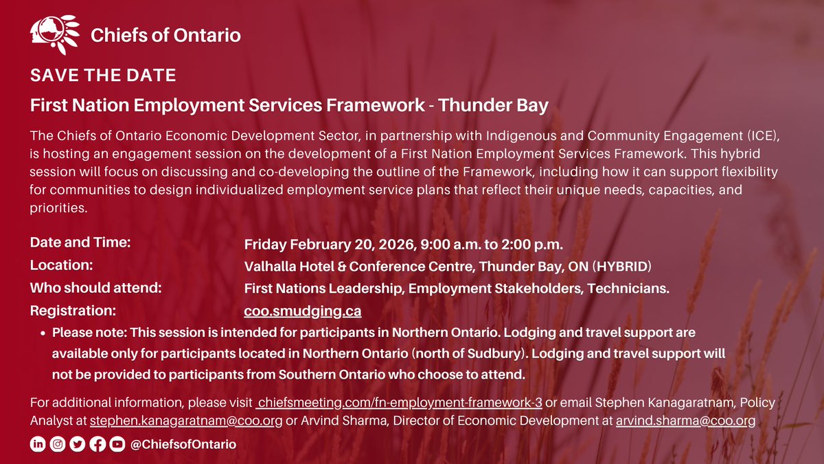 The Chiefs of Ontario Economic Development Sector is hosting an engagement session on the development of a First Nation Employment Services Framework.

Registration: coo.smudging.ca/Meeting/Regist…

For additional information, please visit chiefsmeeting.com/fn-employment-…