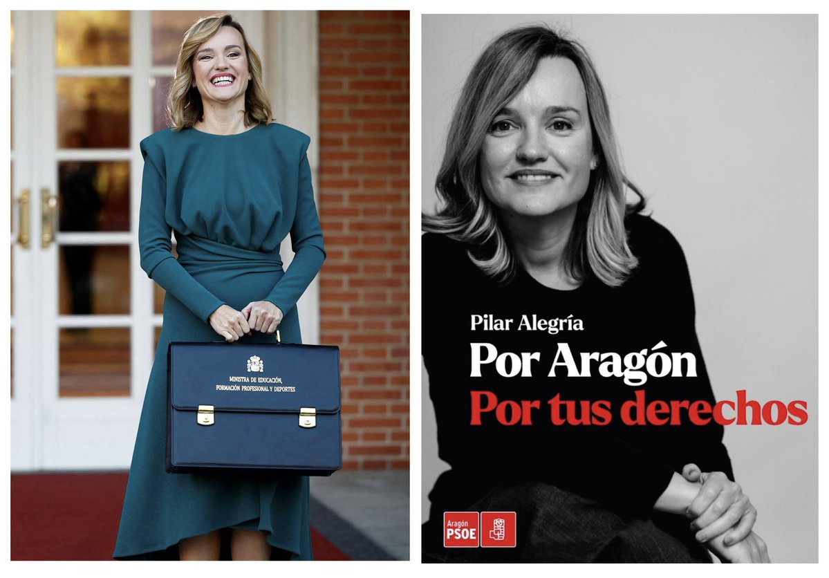 A la izquierda Pilar Alegría tomando la cartera de Ministra de peluquería, maquillada y vestida de alta costura // A la derecha Pilar Alegría como candidata a Aragón vestida de Doña Rogelia con la cara lavada y el pelo pegao porque los aragoneses no nos 
merecemos más para ella