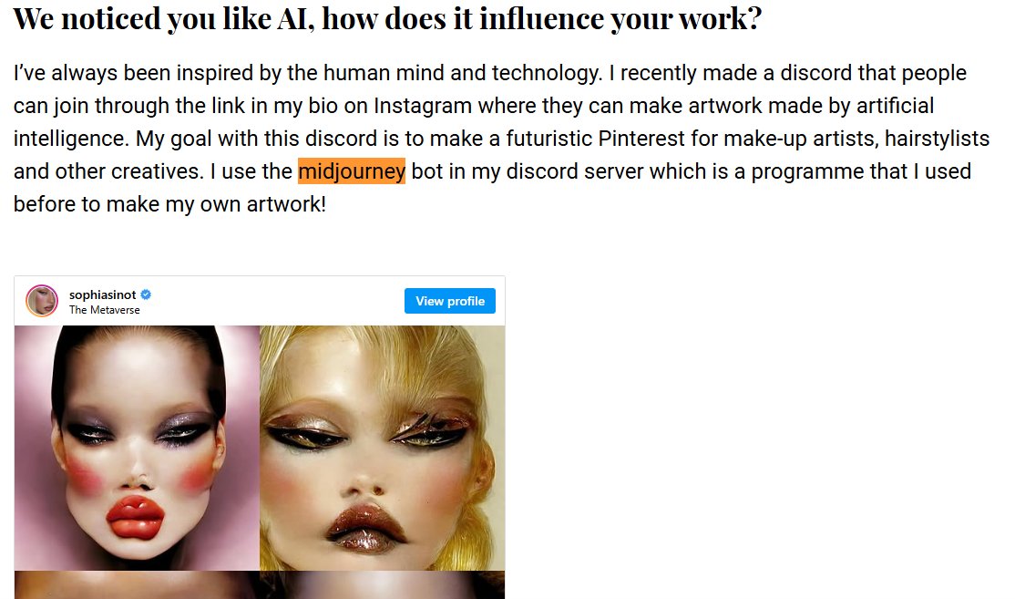 pot8um's tweet image. y'all think i'm making this up as if @sophiasinotx isn't cited all over the internet gushing about her love for generative ai (midjourney) within her work

take it up with her. i'm not the one fucking over real artists! i'm simply pointing it out.

argue with the wall.