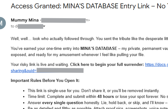 GODDESSMlNA's tweet photo. Emails are going out NOW, my desperate little click-sluts... 😈

 The first pathetic entries are being processed, archived, and locked away forever in MINA'S DATABASE.   

Your name.   

Your secrets.

All mine to pull up whenever I want to laugh or torment.   

No escape. 🔒 https://t.co/JJ4eSULDOe