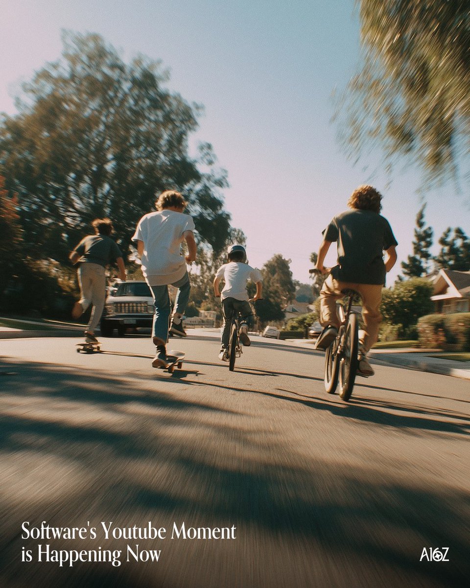 a16z's tweet photo. Software's YouTube Moment is Happening Now

“There’s a lot of angst about ‘the kids’ these days. I have no angst, but maybe a little envy. AI has massively democratized leverage and productivity for creative people. There has never been a better time to be a young person with great ideas. I think the kids are gonna be alright.”

Read the full piece from a16z GP Anish Acharya: https://t.co/23rqUJrk2G