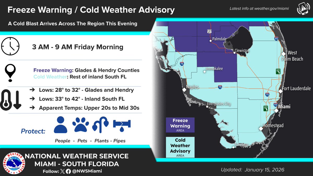 Cold weather returns tonight! Freeze Warning is in effect for Glades and Hendry, and Cold Weather Advisory is in effect for the rest of inland South FL. #FLwx