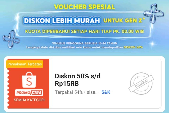 alsa_bie's tweet image. cepet voucher khusus Gen Z masih ada, lumayan 15ribu
s.shopee.co.id/1qVoIX871P