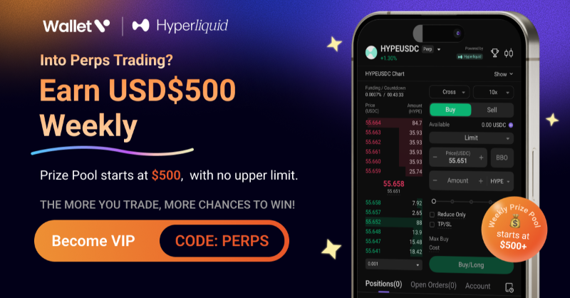 WalletV_io's tweet photo. Earn $500 weekly, live now. Use the invite code PERPS and start trading. Prize draw every Sat!