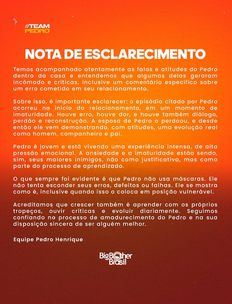 sboficial's tweet photo. FIM DOS TEMPOS! Perfil oficial de Pedro emite nota de esclarecimento após o participante contar, repetidas vezes, que traiu sua esposa. #BBB26 https://t.co/9atvhjUJNp