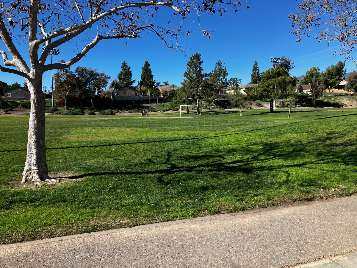 I walked up the sidewalk to avoid the mower rampaging on the soccer field.