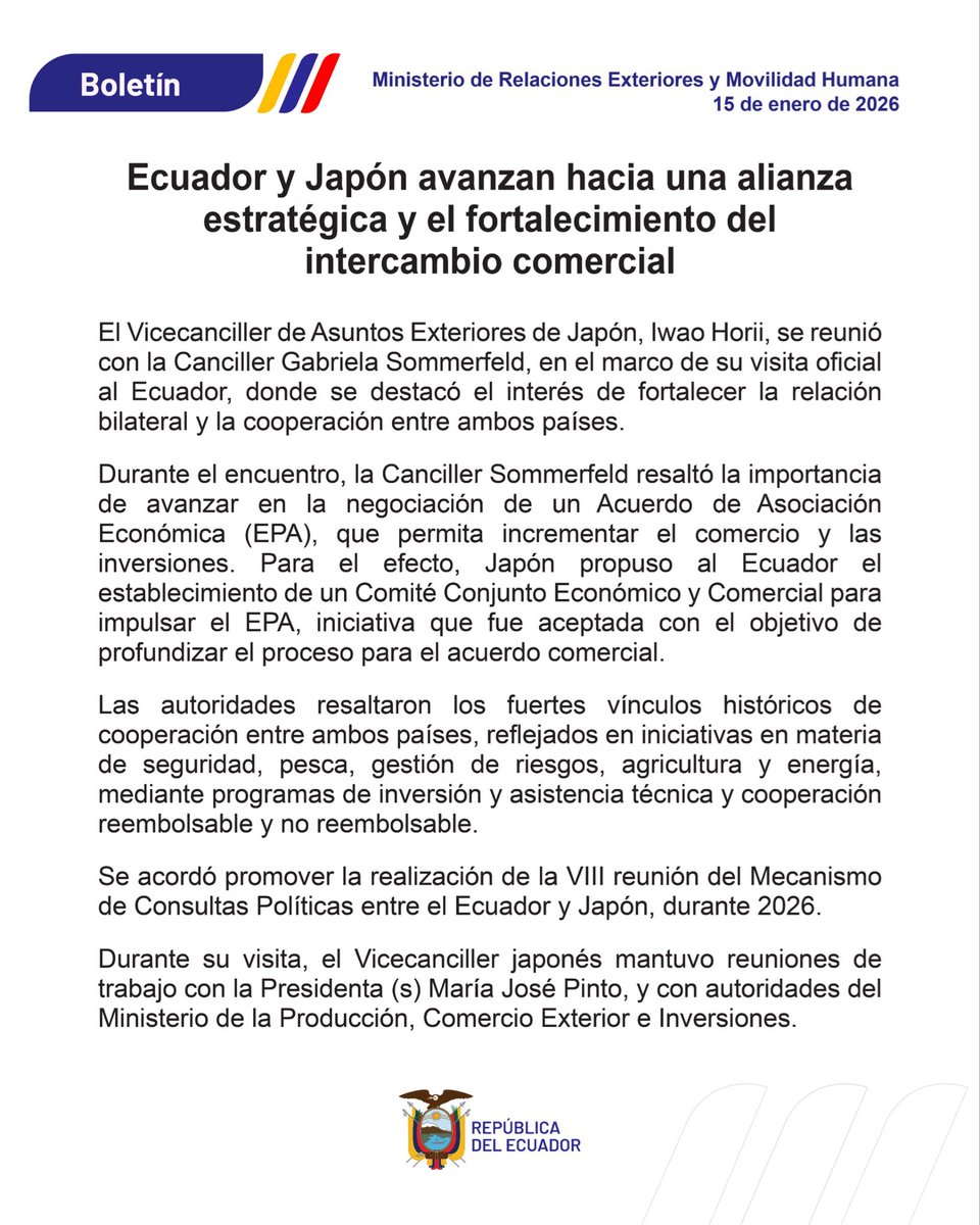 CancilleriaEc's tweet photo. 📢 Boletín: 
Ecuador y Japón avanzan hacia una alianza estratégica y el fortalecimiento del intercambio comercial. https://t.co/SIr4SXMl1W