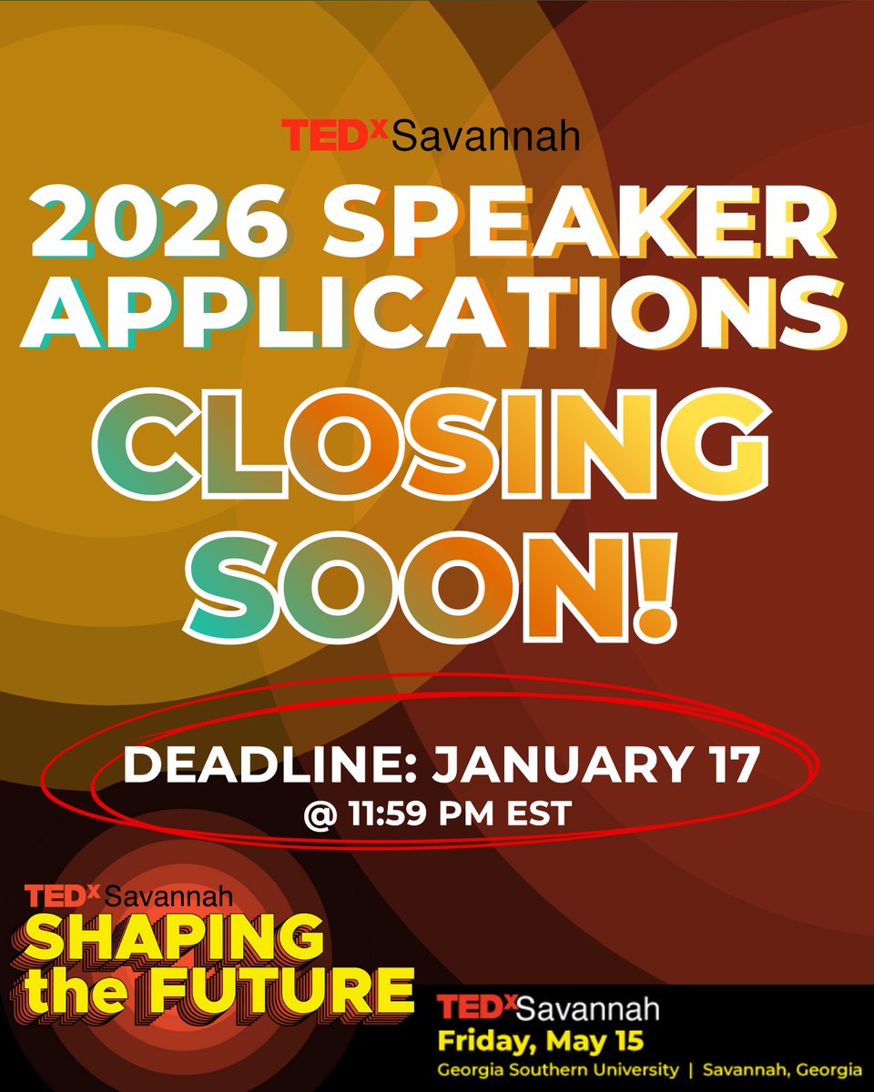 🚨Get those speaker applications in before it's too late! Speaker applications for TEDxSav2026 are closing this weekend. If you've been thinking about applying, now's the time to take the leap!

🗓️ Deadline: January 17 at 11:59 PM EST
👉 Apply now at tedxsavannah.com/x/apply