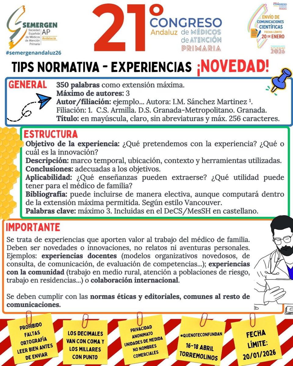 SEMERGENAndaluz's tweet photo. Escasos días para finalizar el límite de envío de comunicaciones, no te dejes nada en el tintero ✍🏻

¡Comparte tu conocimiento e investigación! 👨🏻‍🔬📝

Os dejamos un recordatorio de los “Tips de Normativa de Comunicaciones” 😉🤗

#QueNoTeConfundan 
#SEMERGENAndaluz26 https://t.co/CUkJPiKR4h