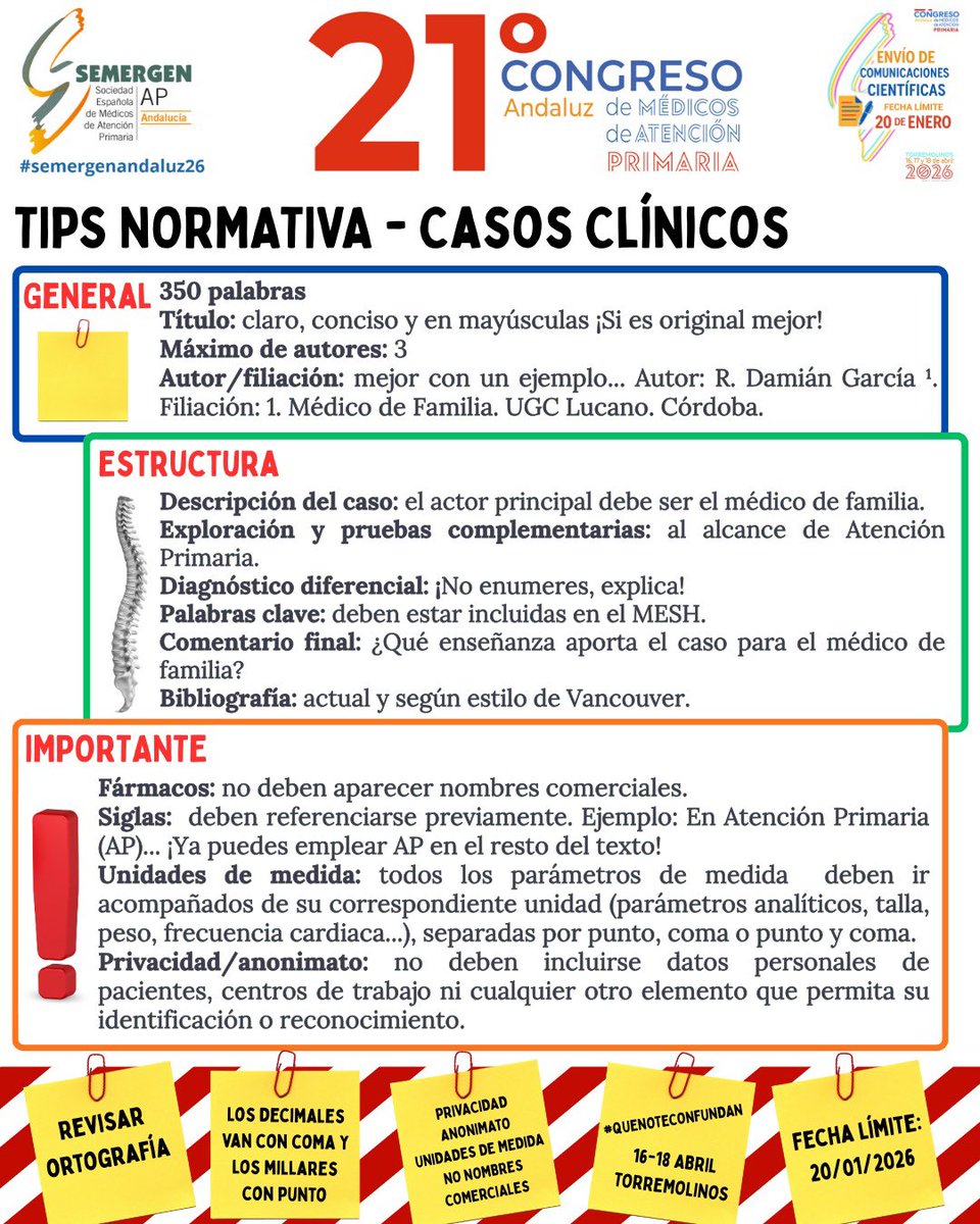Escasos días para finalizar el límite de envío de comunicaciones, no te dejes nada en el tintero ✍🏻

¡Comparte tu conocimiento e investigación! 👨🏻‍🔬📝

Os dejamos un recordatorio de los “Tips de Normativa de Comunicaciones” 😉🤗

#QueNoTeConfundan 
#SEMERGENAndaluz26