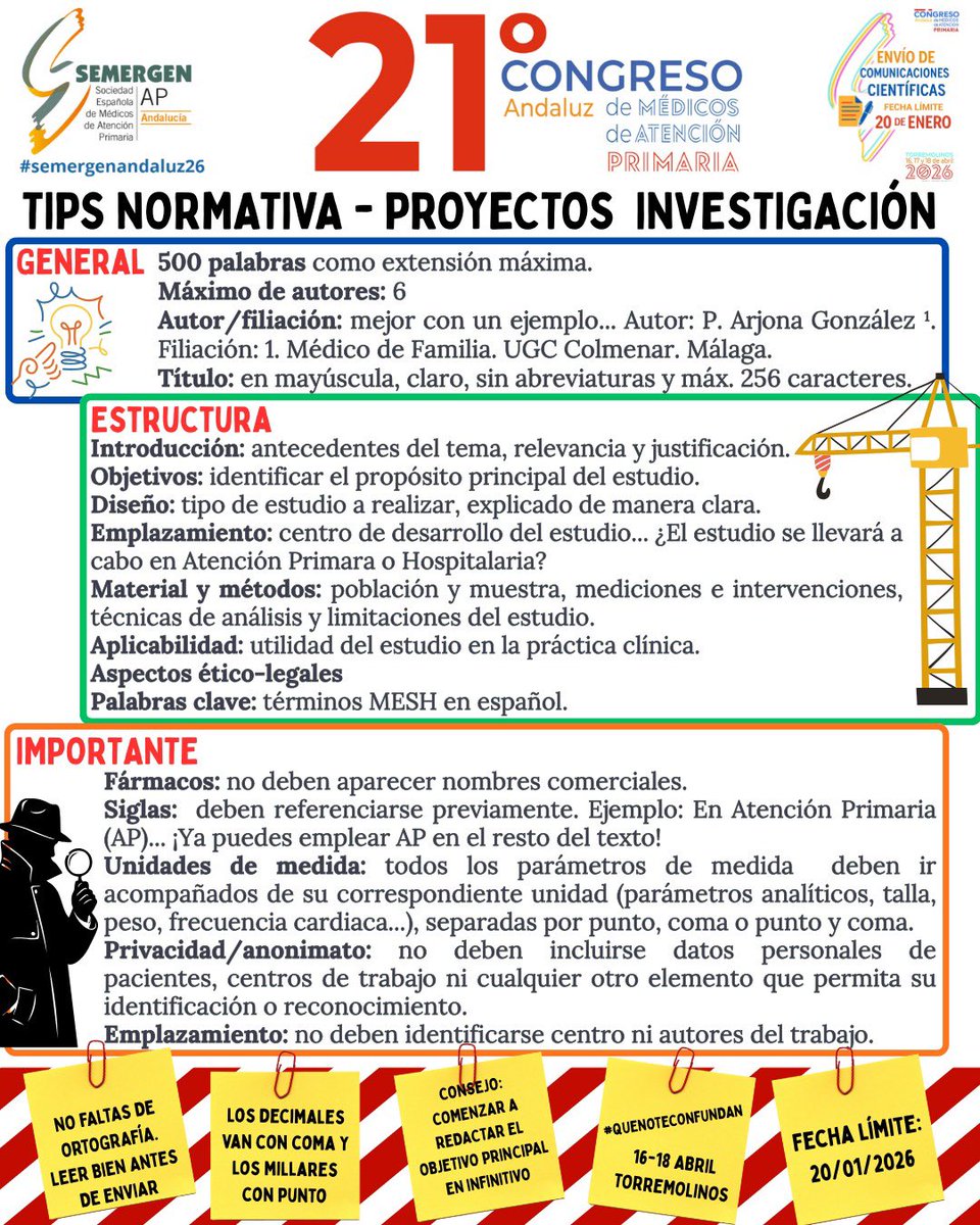 SEMERGENAndaluz's tweet photo. Escasos días para finalizar el límite de envío de comunicaciones, no te dejes nada en el tintero ✍🏻

¡Comparte tu conocimiento e investigación! 👨🏻‍🔬📝

Os dejamos un recordatorio de los “Tips de Normativa de Comunicaciones” 😉🤗

#QueNoTeConfundan 
#SEMERGENAndaluz26 https://t.co/CUkJPiKR4h