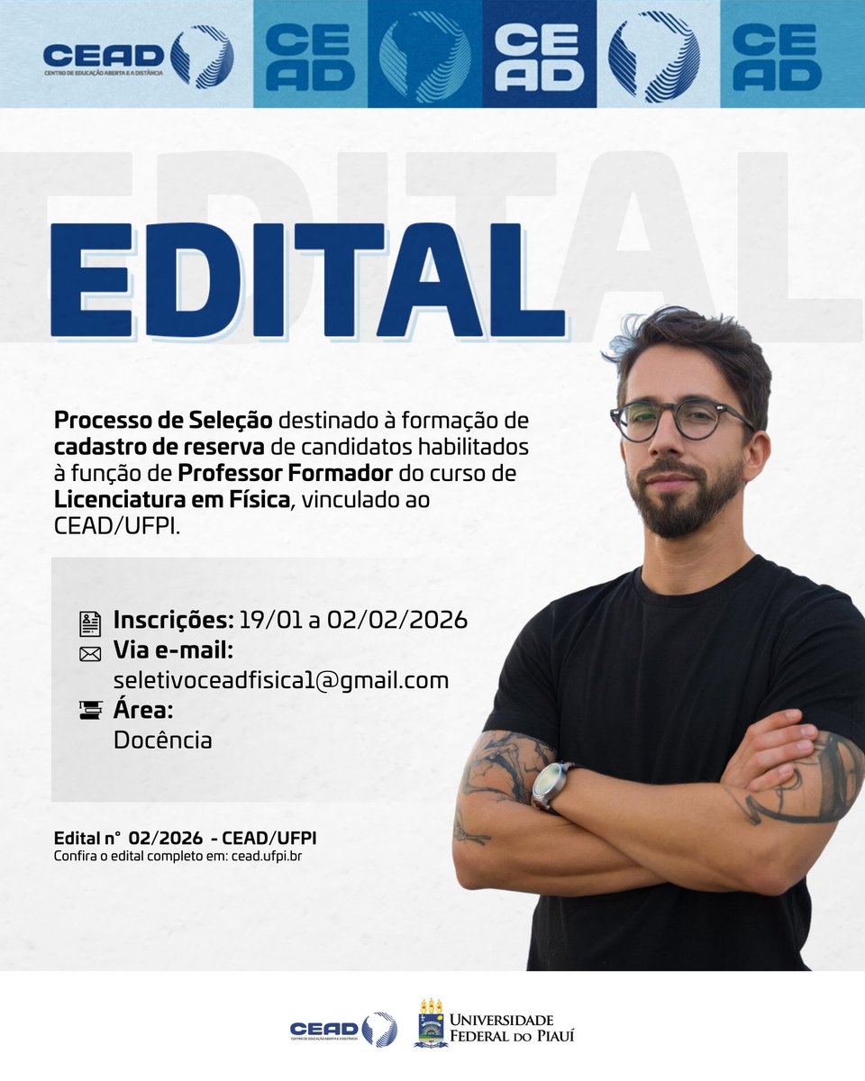 CeadUfpi's tweet photo. 📚O Centro de Educação Aberta e a Distância (CEAD/UFPI) torna público o processo de seleção destinado à formação de cadastro de reserva de candidatos habilitados à função de Professor Formador.

🔗 Acesse o edital: https://t.co/0ILo9LflDY https://t.co/lH6fxDIOkp