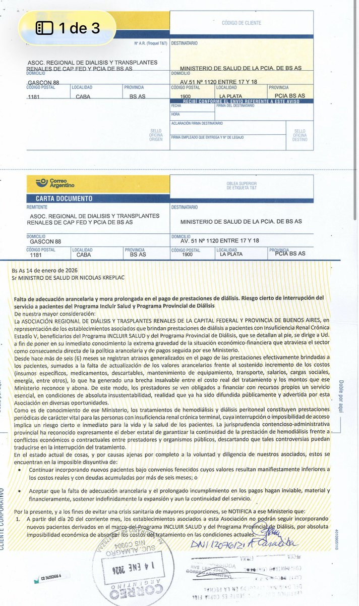 Tomidiazcueto's tweet image. Ya que @nkreplak contesta por privado vamos a ver si responde esta carta documento por falta de pago de los centros de diálisis de PBA.