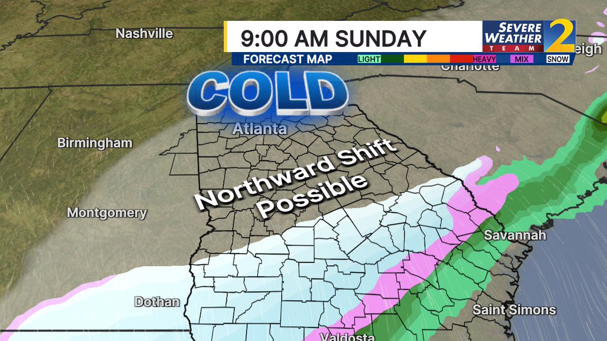 I'm tracking possible snow in Georgia Saturday night-Sunday, but moisture is likely to be limited across North Georgia. There's still a lot of uncertainty with how far north the snow will spread so tune in for updates live on Channel 2.