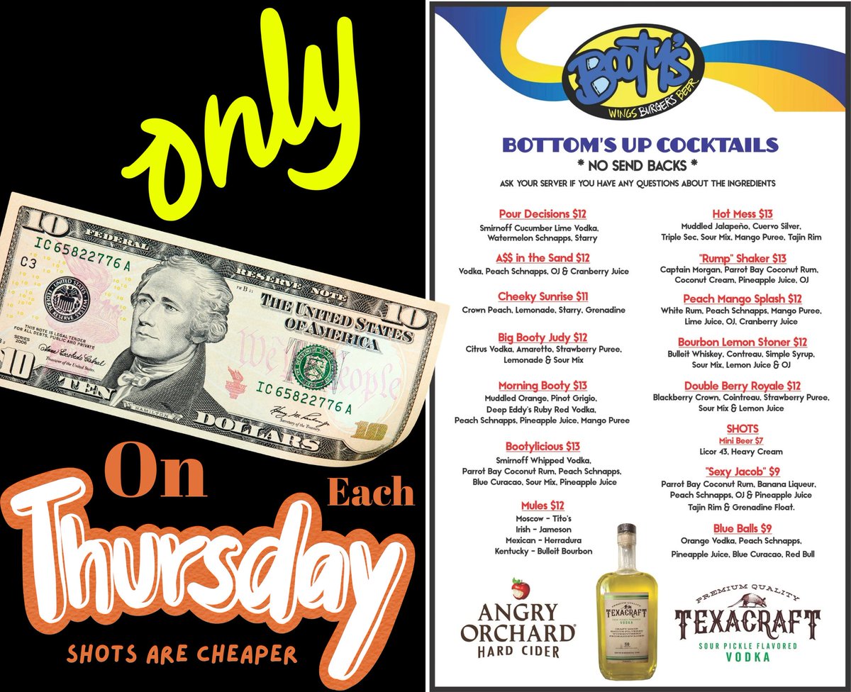 bootyswings's tweet image. THIRSTY THURSDAY at Booty's

Your Thursday just got a whole lot better! Join us for unbeatable deals:

💵 $10 Bottoms Up Cocktails - Choose from our full cocktail menu!
🥪 $12 All Sandwiches
🍗 $10 for 10pc Boneless Wings
🍰 $7 Desserts