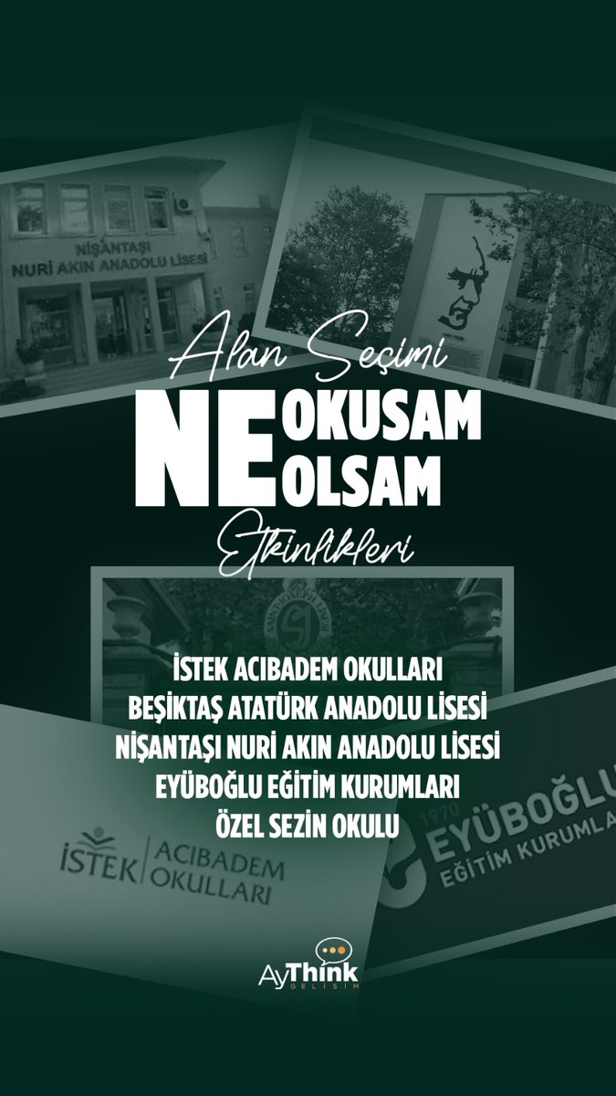 Bugün kariyer analizine gelen öğrencilerin okulları:

İstek Acıbadem Okulları

Beşiktaş Atatürk Anadolu Lisesi

Nişantaşı Nuri Akın Anadolu Lisesi

Eyüboğlu Eğitim Kurumları

Özel Sezin Okulu

<a href="/AyThinkGelisim/">AyThink Gelişim</a>