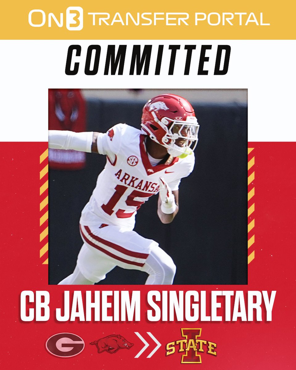 TransferPortal's tweet image. BREAKING: Arkansas transfer CB Jaheim Singletary has committed to Iowa State, @Hayesfawcett3 reports🌪️

Singletary was a 5-star recruit in the 2023 class. 

on3.com/transfer-porta…