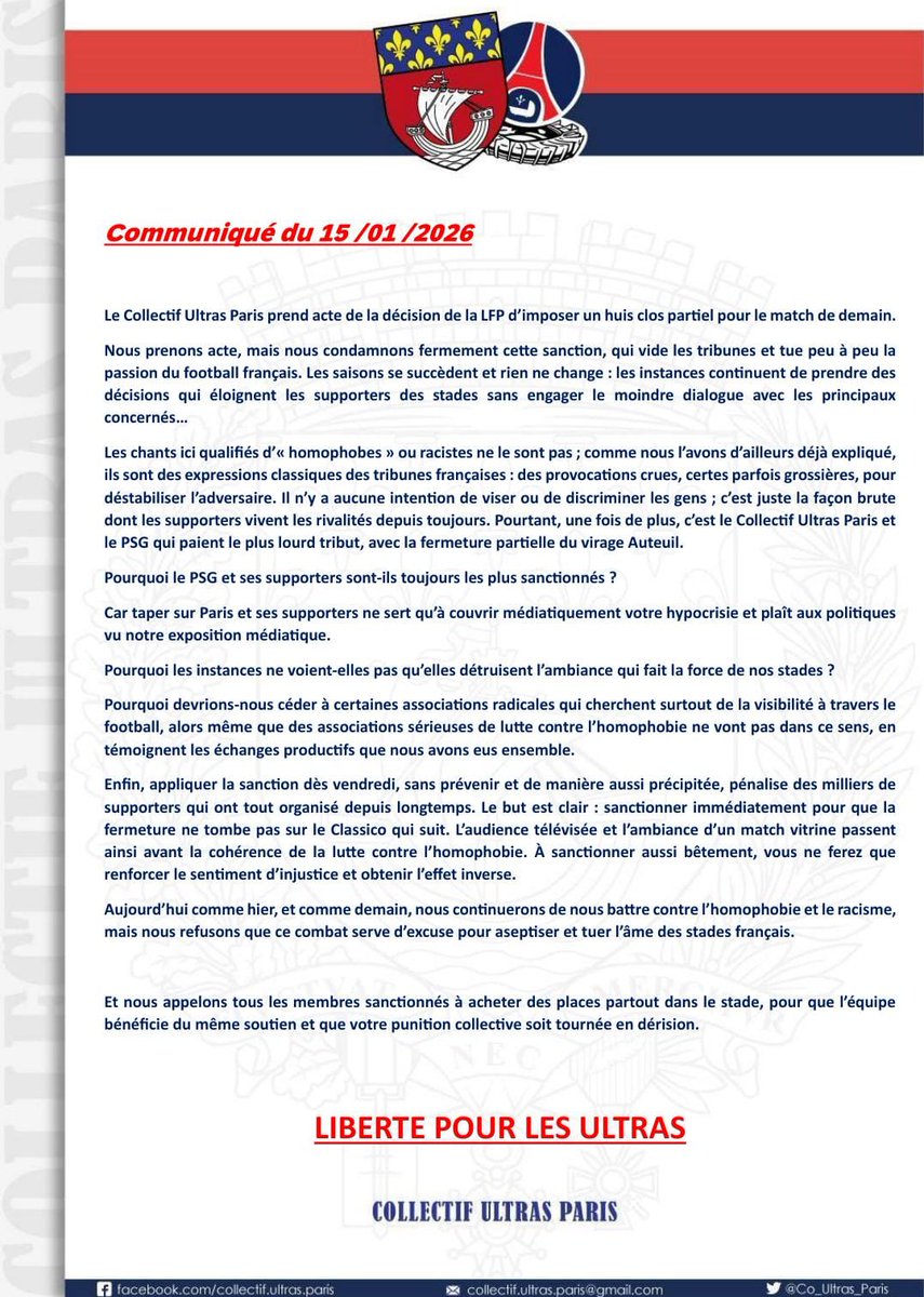 Co_Ultras_Paris's tweet image. Communiqué du 15 Janvier 2026

Liberté pour les ultras !