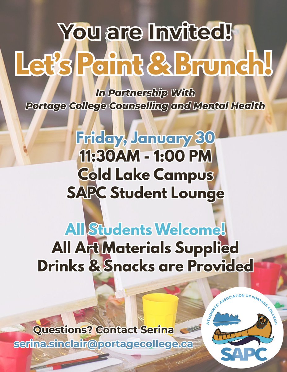 mySAPC's tweet photo. 🎨 Let's Paint &amp; Brunch! 🍳

Join the #SAPC and #CounsellingandMentalHealth on January 30 in the SAPC Student Lounge from 11:30 AM - 1:00 PM for snacks and to take a wellness break 🖌

#paintandbrunch #sapcstudentlounge #ColdLake #SAPChappens #SAPC #sapc2026 #PortageCollege https://t.co/3YRBiq972H