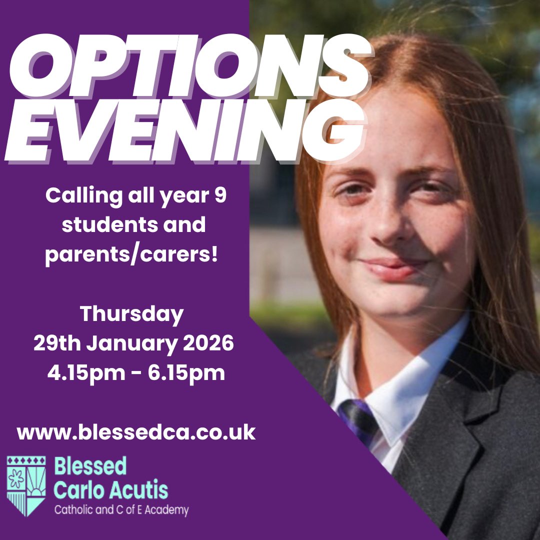 BlessedCarloA's tweet photo. NEW TIME ‼️
On Thursday 29th January, we will be opening our doors to all year 9 students and their parents/carers for our annual options evening! 
Explore the exciting opportunities and start planning your future! 💜
#optionsevening #responsus 
@StJosephCMAT https://t.co/CxlxQduwNy