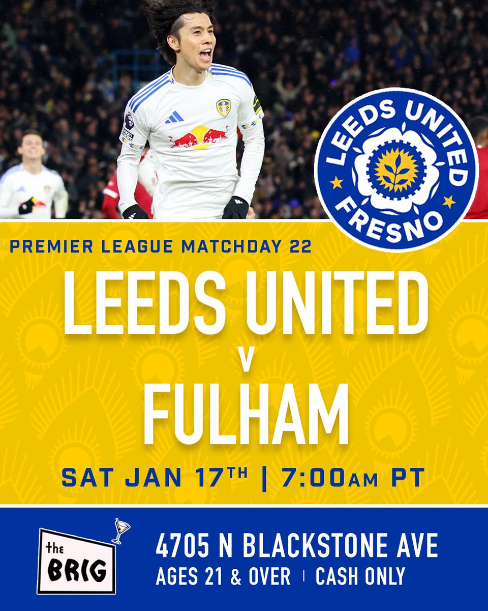 lufcfresno's tweet photo. This weekend we’ll be posted up at The Brig for the Fulham clash. With Facundo in the door and hopefully more to follow, Super Leeds look to push further and further up the table. Join us! #MOT

@luamericas #LUFC #fresno #clovis https://t.co/WbXWDWNl2G