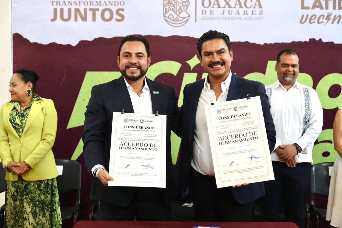 La #AALMAC celebra el hermanamiento entre los gobiernos de Los Cabos y Oaxaca de Juárez como un acto político de visión territorial y cooperación institucional, que fortalece el papel de los municipios como primer nivel de gobierno y motores del desarrollo nacional.

Este acuerdo