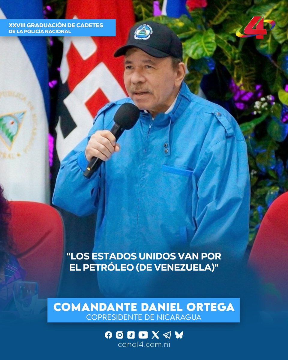 Canal4Ni's tweet image. Comandante Daniel Ortega Saavedra en la XXVIII Graduación de la Policía Nacional dedicada al poeta Leonel Rugama: 
"Los Estados Unidos van por el petróleo (de Venezuela)"
#noticias #nicaragua 
Más información 🌐👉🏻 canal4.com.ni/copresidentes-…