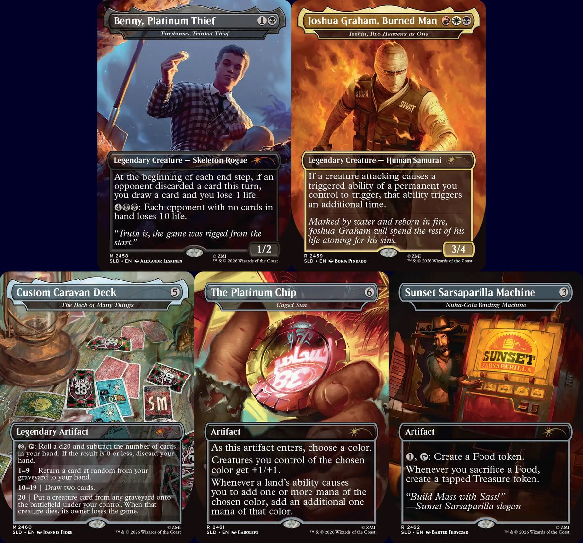 DimirUB's tweet image. 【MTG x FALLOUT】
『Secret Lair x Fallout®: Welcome to New Vegas』が公開されました。
・《小物泥棒、チビボネ/Tinybones, Trinket Thief》
・《二天一流、一心/Isshin, Two Heavens as One》
・《デック・オヴ・メニー・シングズ/The Deck of Many Things》
・《かごの中の太陽/Caged Sun》…