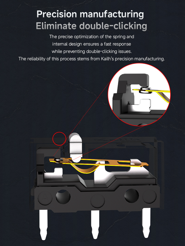 Kailh Silver Rabbit Micro Switch🐇
With a pre-travel of only 0.15mm, it's fast and prevents accidental double clicks.⚡️
0peration Force:60±10gf
Releasing Force: 20gf Min.
Mechanical Life:50 million Cycles Min.
Pre-travel:0.15±0.10mm
Decibei Standard:32dB Max.