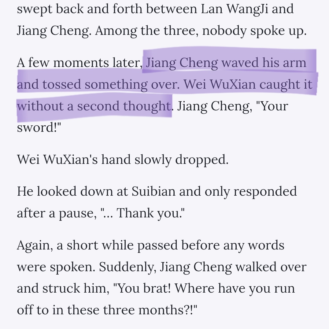 sinnermint's tweet image. sometimes, when i try to sleep, i remember that every time wwx disappeared, jc kept one of his weapons safe with him (suibian &amp;amp; chenqing), probably expecting wwx to back for them (him), which wwx never did lol

it was jc who returned the weapon to him each time