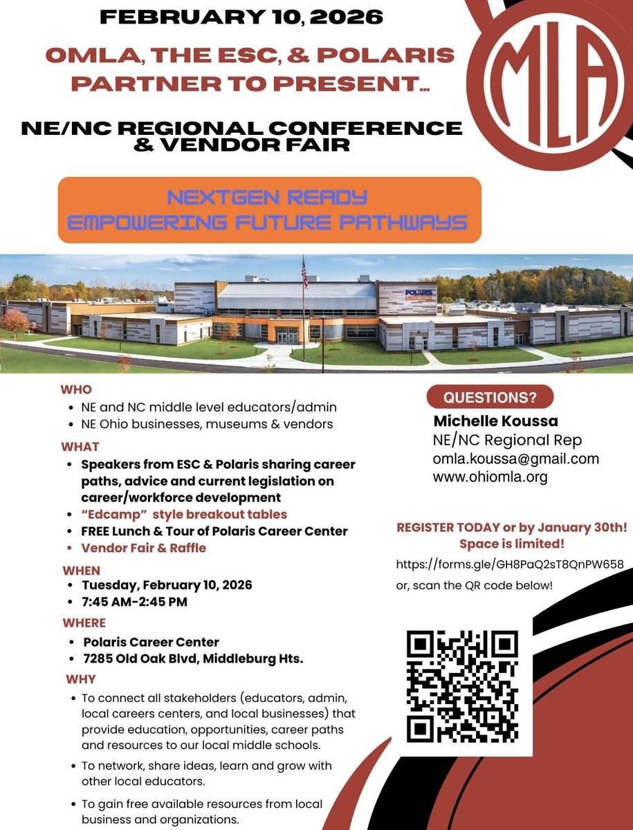 Join the Northeast &amp; North Central Regions of Ohio Middle Level Association at Polaris Career Center for a FREE day of learning for OMLA members!
🔹 Career exploration &amp; pathways
🔹 Afternoon EdCamp (attendee-driven!)
👉 Register here: forms.gle/tumCNXnvdBqvvj…