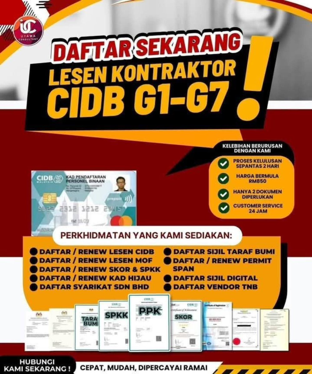 💥𝐃𝐀𝐅𝐓𝐀𝐑 𝐋𝐄𝐒𝐄𝐍 𝐏𝐏𝐊 𝐂𝐈𝐃𝐁 𝐆𝟏 - 𝐆𝟕 𝐒𝐄𝐊𝐀𝐑𝐀𝐍𝐆‼️💥

𝗜𝗡𝗙𝗢 𝗣𝗘𝗡𝗧𝗜𝗡𝗚 ⤵️
✅ Terbuka untuk kontraktor baharu &amp; lama
✅ Layak untuk Bumiputera dan bukan Bumiputera
✅ Peluang menyertai tender projek swasta

wasap.my/60179926069/CI…

#daftarppk #lesenPPK