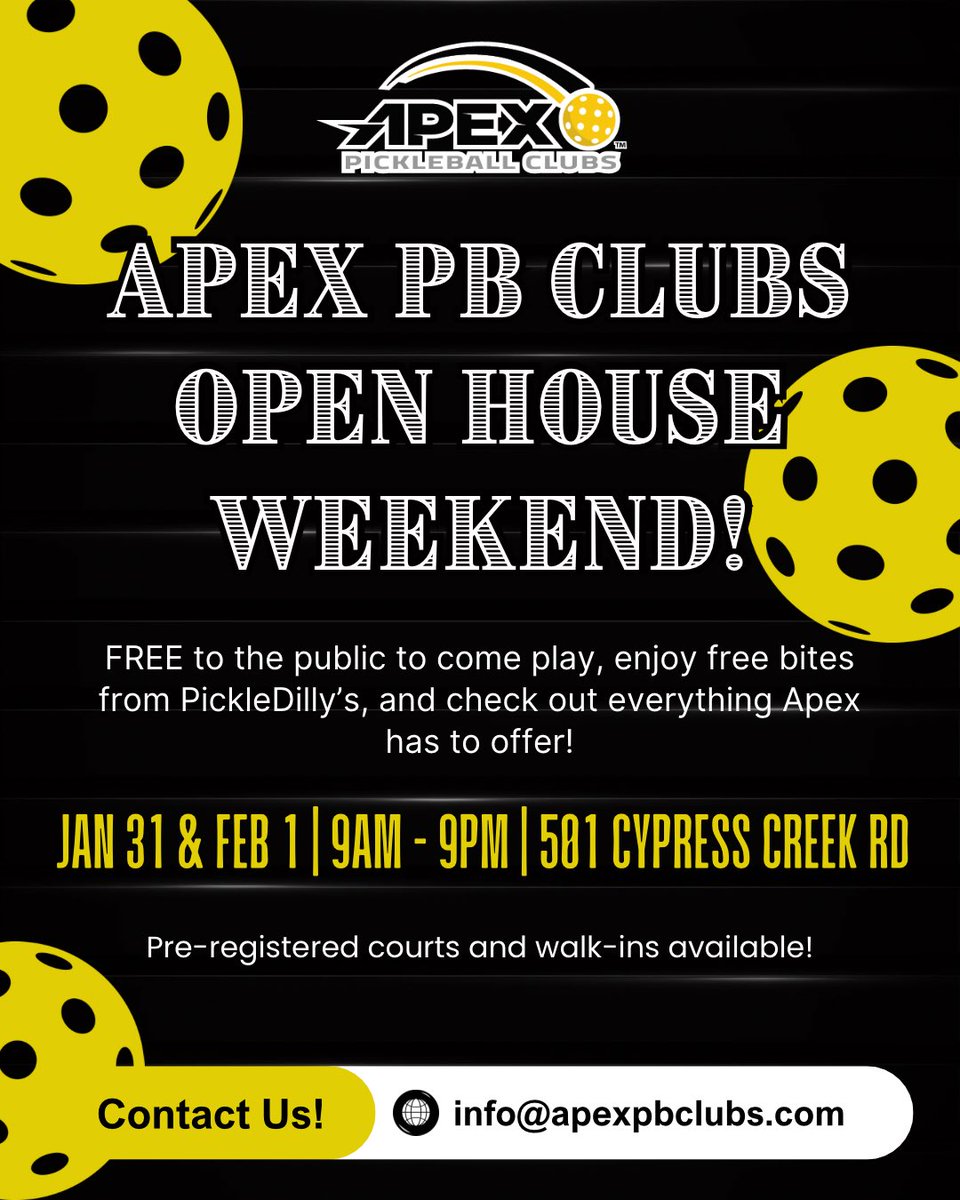 apexpbclubs's tweet photo. Come join for our Open House Weekend at Apex Pickleball Clubs!

Both Saturday, January 31 and Sunday, February 1 the club will be open and free to the public from 9am - 9pm to play, explore the facility, enjoy complimentary bites from PickleDilly’s, and grab drinks from our bar! 

This weekend is all about having fun and exploring everything Apex has to offer. You can register online at https://t.co/kS92V80MrN or show up as a walk-in!

We’re incredibly excited to open our doors, meet the community, and kick off this next chapter together. We can’t wait to see you on the courts!!

#apexpb #indoorpickleball #cedarpark #pickleball #austinpickleball
