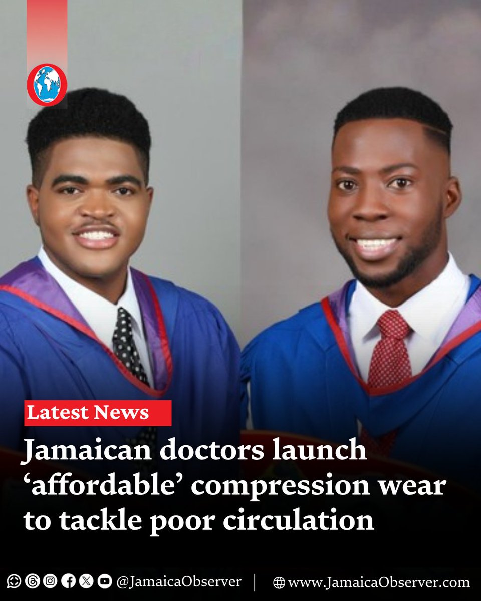 JamaicaObserver's tweet photo. Having had a front seat view to the struggles faced by patients suffering from poor circulation, two young medical doctors have partnered to make compression therapy more affordable and accessible to Jamaicans.

Dr Mickhail Benjamin and Dr Duhaney Johnson, a pair of 29 year-olds who have been friends since high school at St George’s College, founded Uniflo Compression Wear in 2023, offering compression garments – including stockings, socks and ripple mattress covers – at what the principals say are a fraction of the cost compared to competitors.

https://t.co/DRbixpcBoX