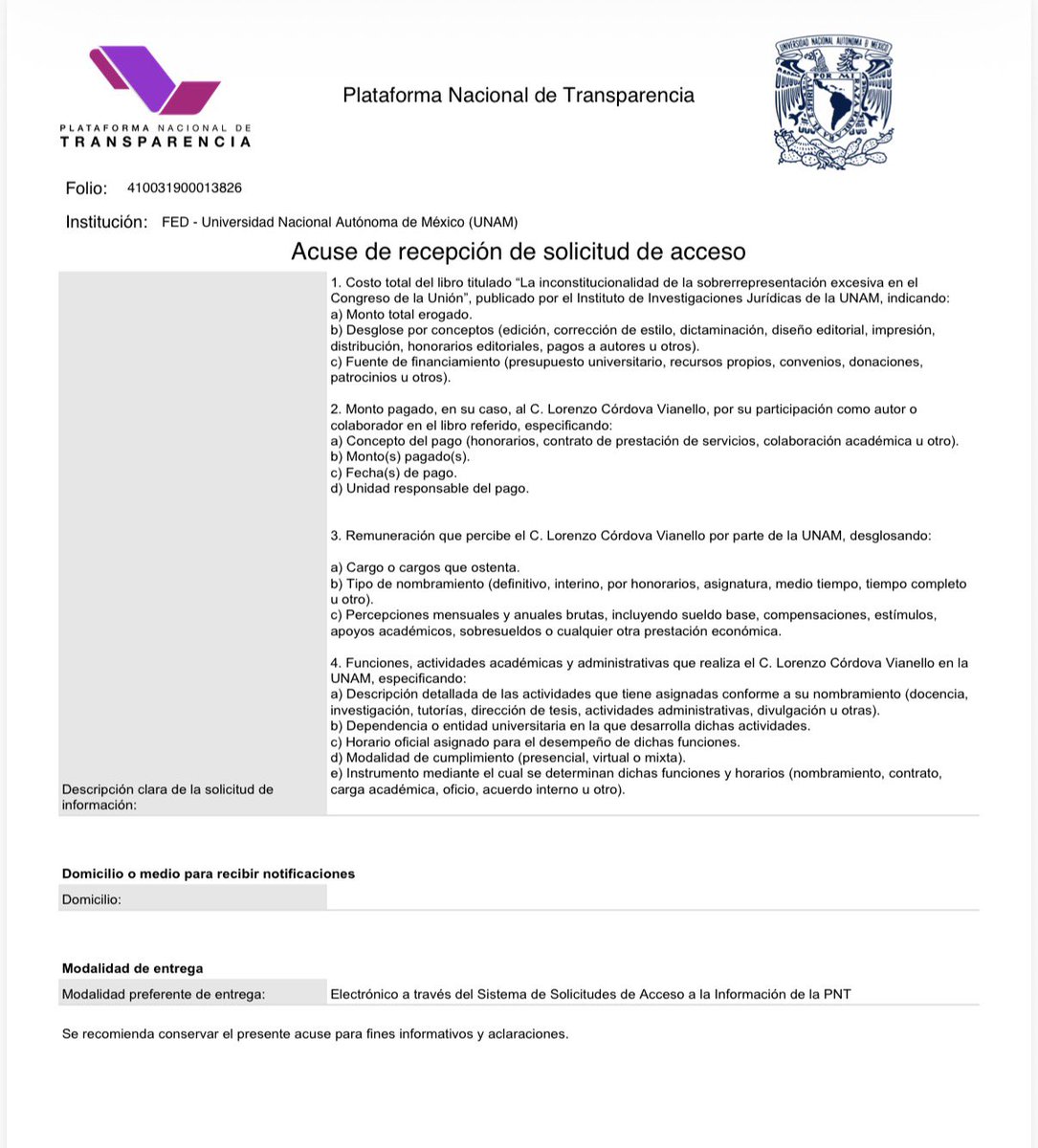 Ya presenté formalmente la solicitud de información ante la <a href="/UNAM_MX/">UNAM</a> para conocer el costo total del libro “La inconstitucionalidad de la sobrerrepresentación excesiva en el Congreso de la Unión”, el desglose por conceptos, la fuente de financiamiento y los pagos realizados a