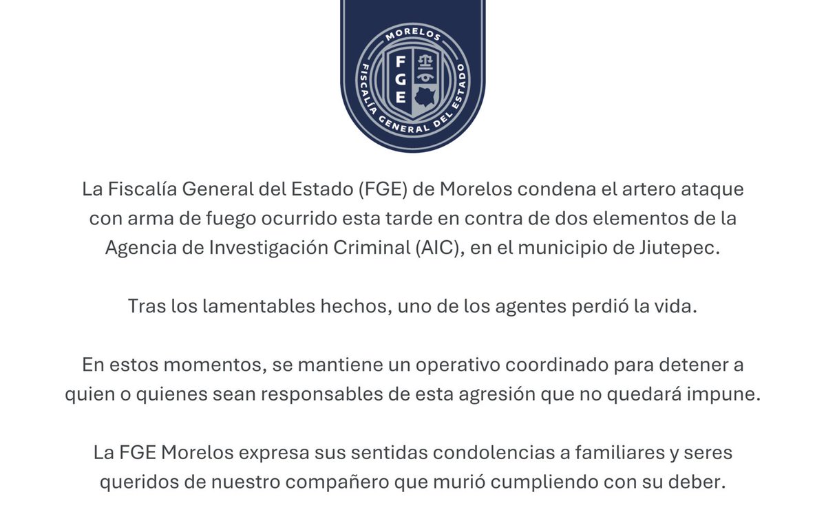 PepeMontes11's tweet photo. @Fiscalia_Mor emite comunicado ante los hechos violentos sucedidos en #Jiutepec donde fueron atacados dos elementos de la AIC que realizaban actividades de investigación encubiertos https://t.co/1ltThAykSx