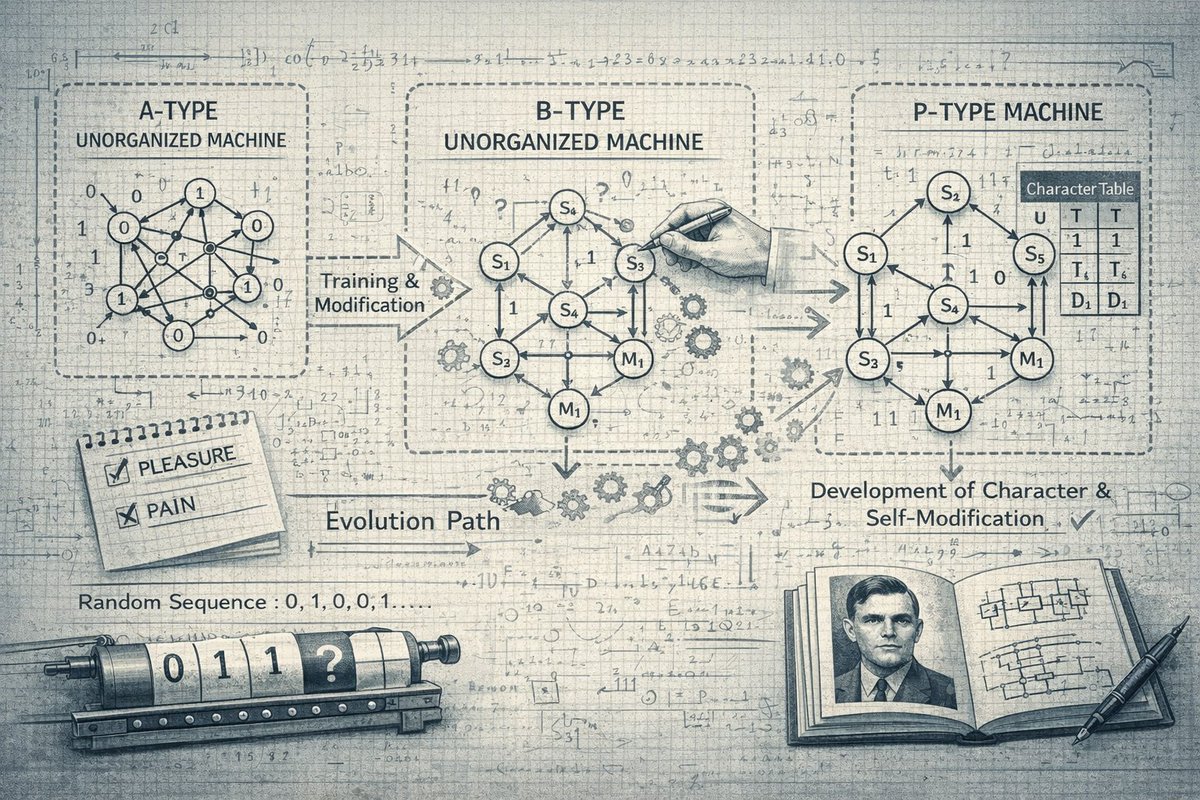 PengWeikun's tweet photo. How AI looks like in 1948?

When mentioning Alan Turing, the first thing that comes to mind may be the Turing Test. But before Turing proposed the Turing Test in 1950, he presented an idea of a mathematical model of building AI, which I believe all modern AI approaches we have developed do not go beyond the scope of that model.

I put down my thoughts on this paper in the blog post: https://t.co/4PSS9UPj9S

Also, I highly recommend everyone to read the original paper: https://t.co/oPiEEfGeMW

Enjoy reading and feel free to discuss with me!