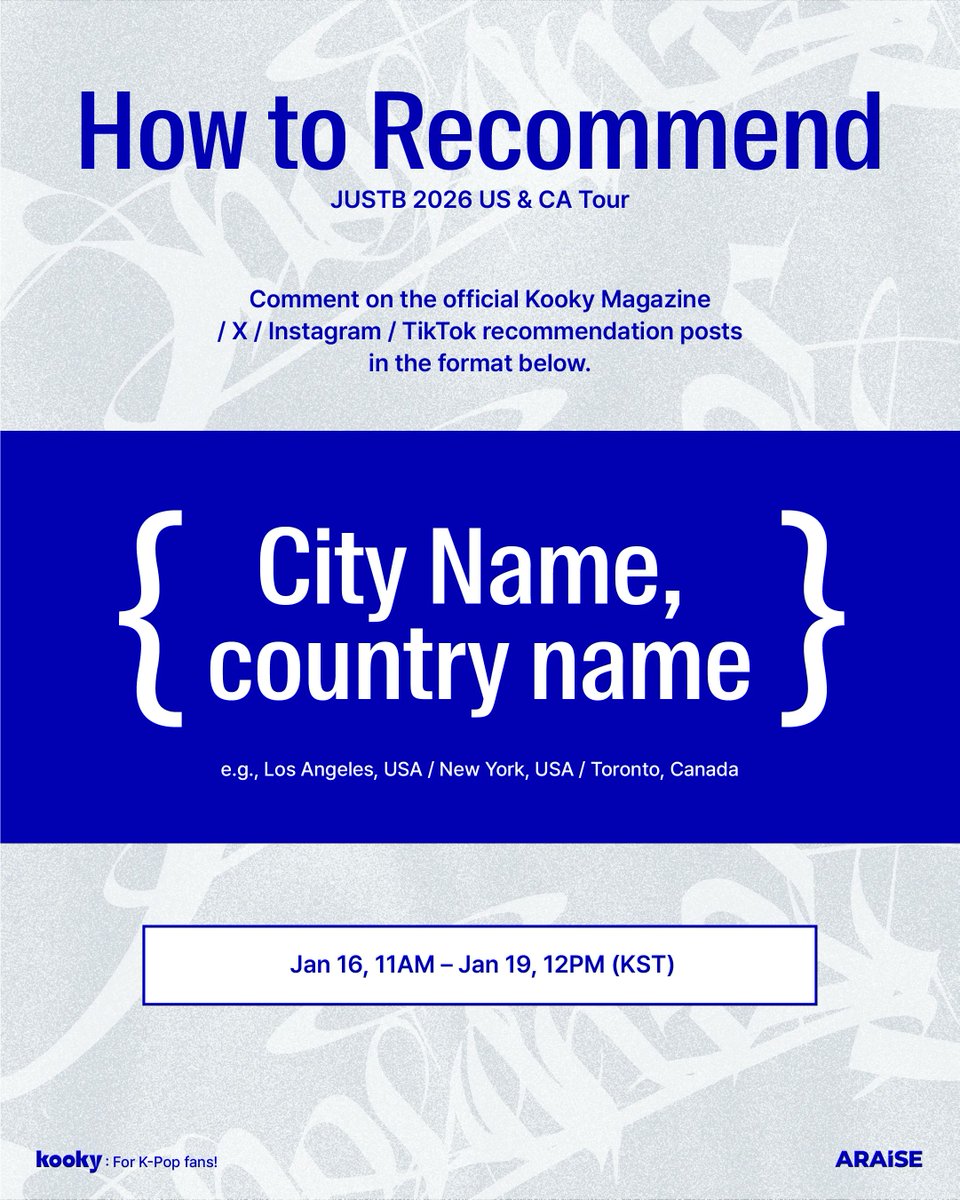 kooky__official's tweet image. 🪽 JUSTB 2026 US &amp;amp; Canada Tour — City Recommendation

JUSTB is preparing for their 2026 US &amp;amp; Canada tour!
This tour is a fan-participation project, created together with ONLYB.🔥

📍 Comment with the city you’d like JUSTB to visit
(Format: City, Country)
From city selection to…