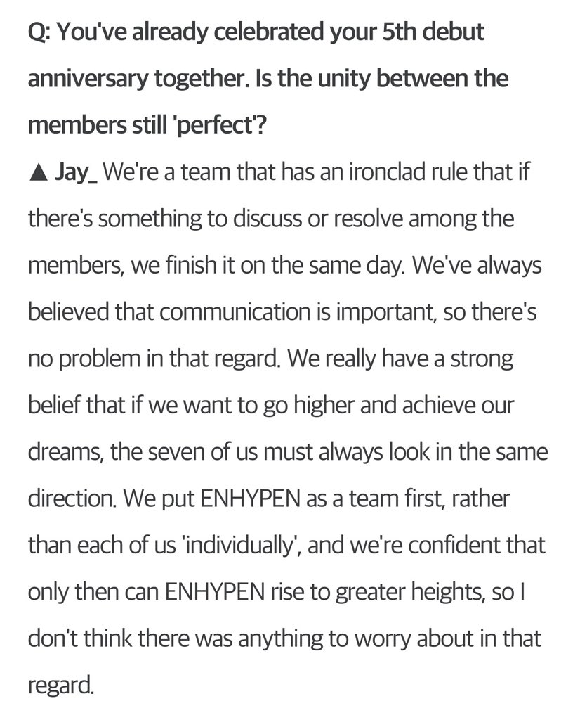 Enhagyy's tweet photo. "We put ENHYPEN as a team first, rather than each of us 'individually', and we're confident that only then can ENHYPEN rise to greater heights, so I don't think there was anything to worry about in that regard."

PLEASE NEVER SEPARATE THEM 😭 https://t.co/gdjWC5CuW5